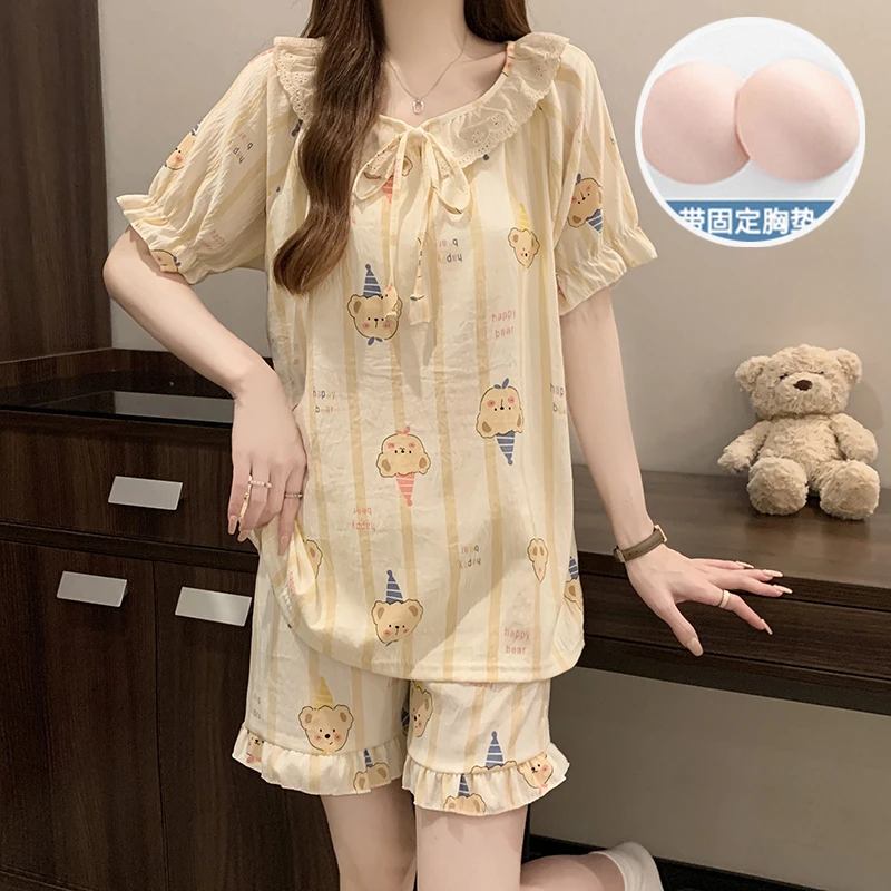 8136夏季薄款宽松甜美可爱休闲(带胸垫 短袖+短裤)可外穿家居服