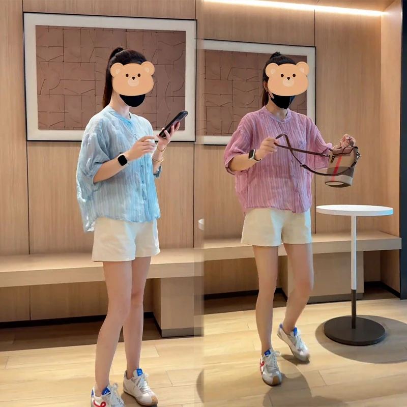 夏装小个子微胖减龄穿搭宽松微透条纹衬衫上衣显瘦短裤百搭一整套