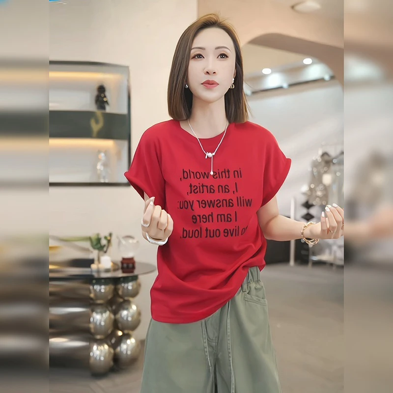 时尚设计感印花短袖t恤女夏季韩版圆领宽松休闲显瘦百搭半袖上衣