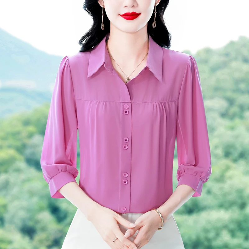 大码衬衫夏季新款翻领衬衣洋气百搭七分袖上衣时尚减龄雪纺小衫