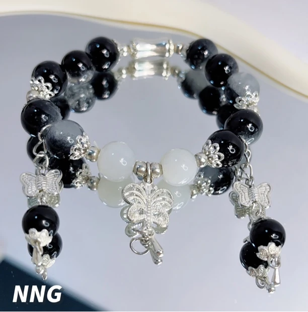非金属铅玻璃手链 原创黑白配色蝴蝶吊坠民族风手作轻奢设计感串