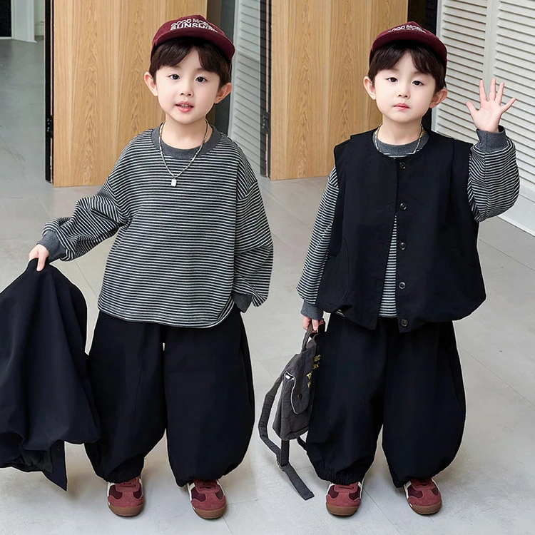 男童秋季套装2025新款洋气男宝韩版潮酷马甲三件套儿童秋装衣服