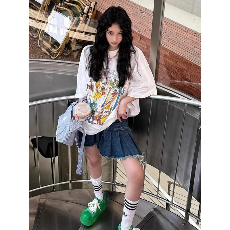 美式潮牌t恤女夏季涂鸦印花白色圆领短袖oversize宽松休闲上衣