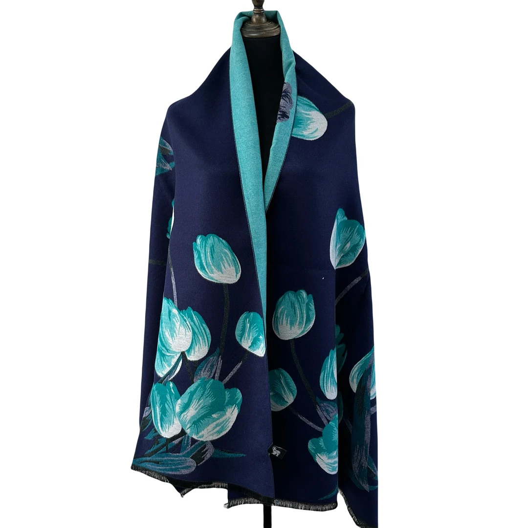 印花优雅花朵常规披肩冬季简约保暖短流苏围巾女长款国风气质