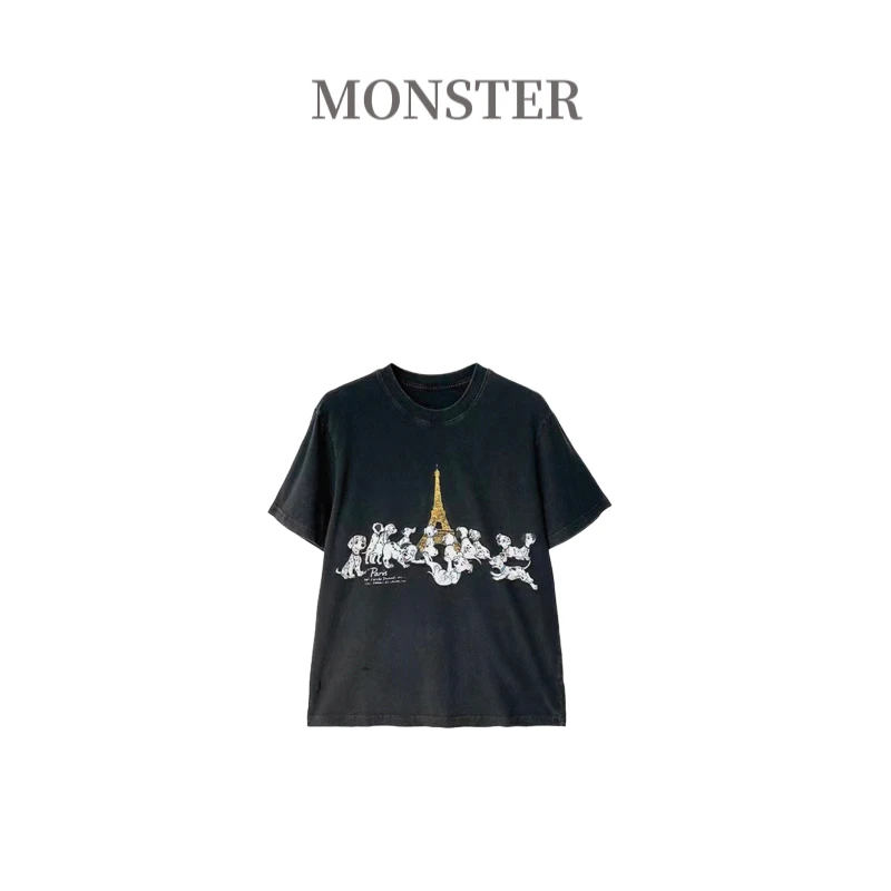 2025春夏新品 个性百搭 水洗做旧小狗印花女短袖T恤 B00893