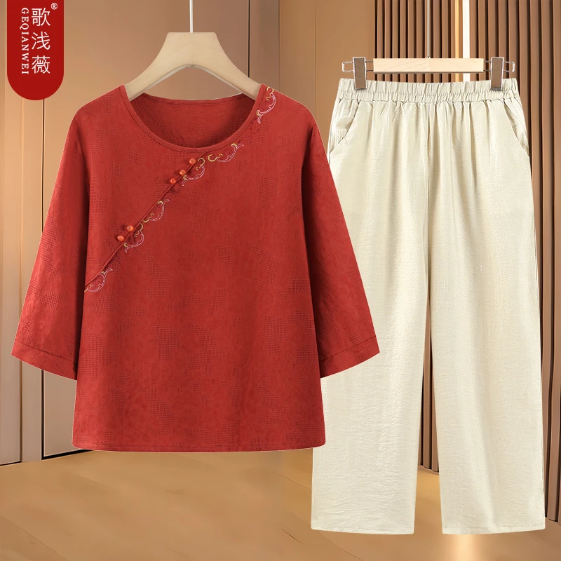 妈妈夏装中老年人奶奶七分袖套装女夏季T恤老人老太太刺绣上衣服