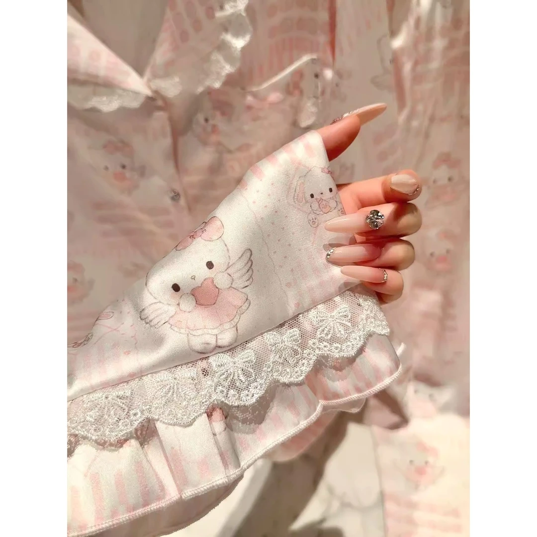 【Kitty蕾丝花边】甜美少女可爱冰丝睡衣女春秋薄款长袖家居服套装