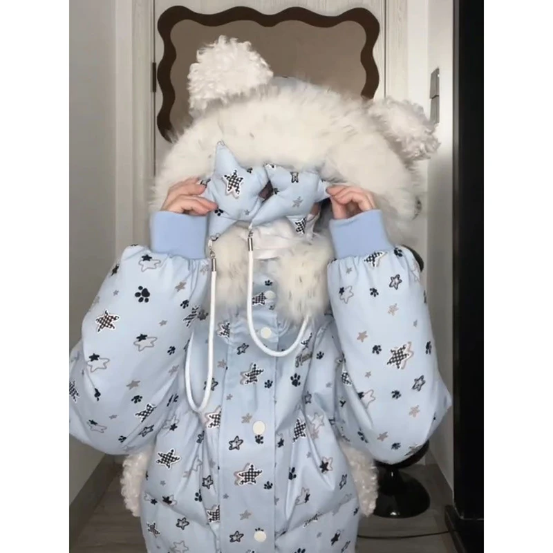 毛绒绒卡通可爱棉服女冬季新款立体装饰拼接毛领连帽设计感面包服