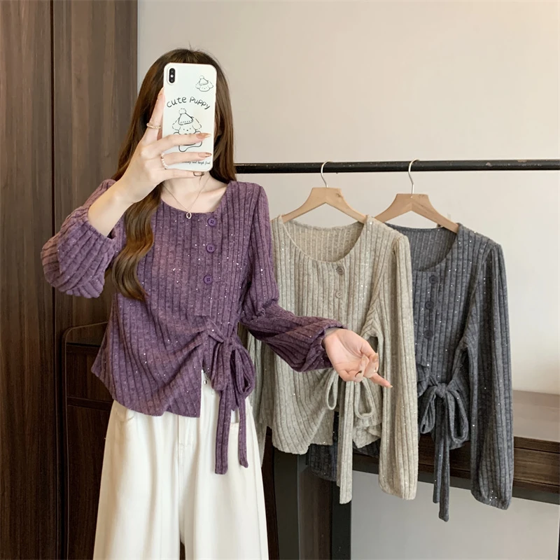大码秋冬新款法式气质细闪不规则系带显瘦百搭加宽加大长袖上衣女