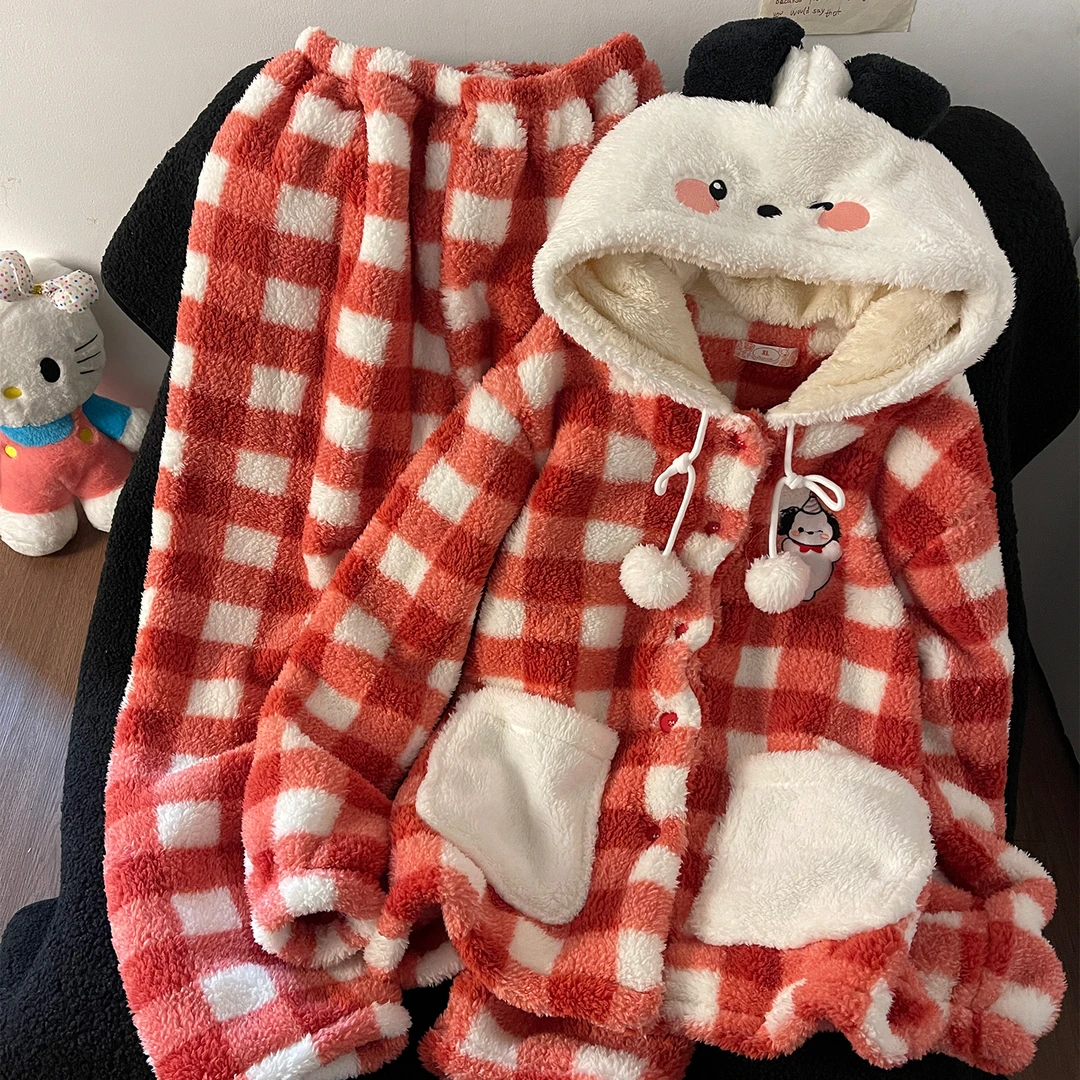 韩系睡衣女冬季红色格子珊瑚绒加厚保暖连帽简约法兰绒家居服套装