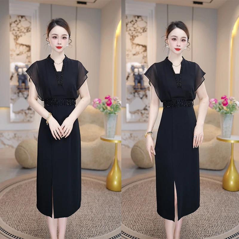 【墨影逸香】2025夏季新款收腰显瘦洋气减龄轻奢女人味黑色连衣裙
