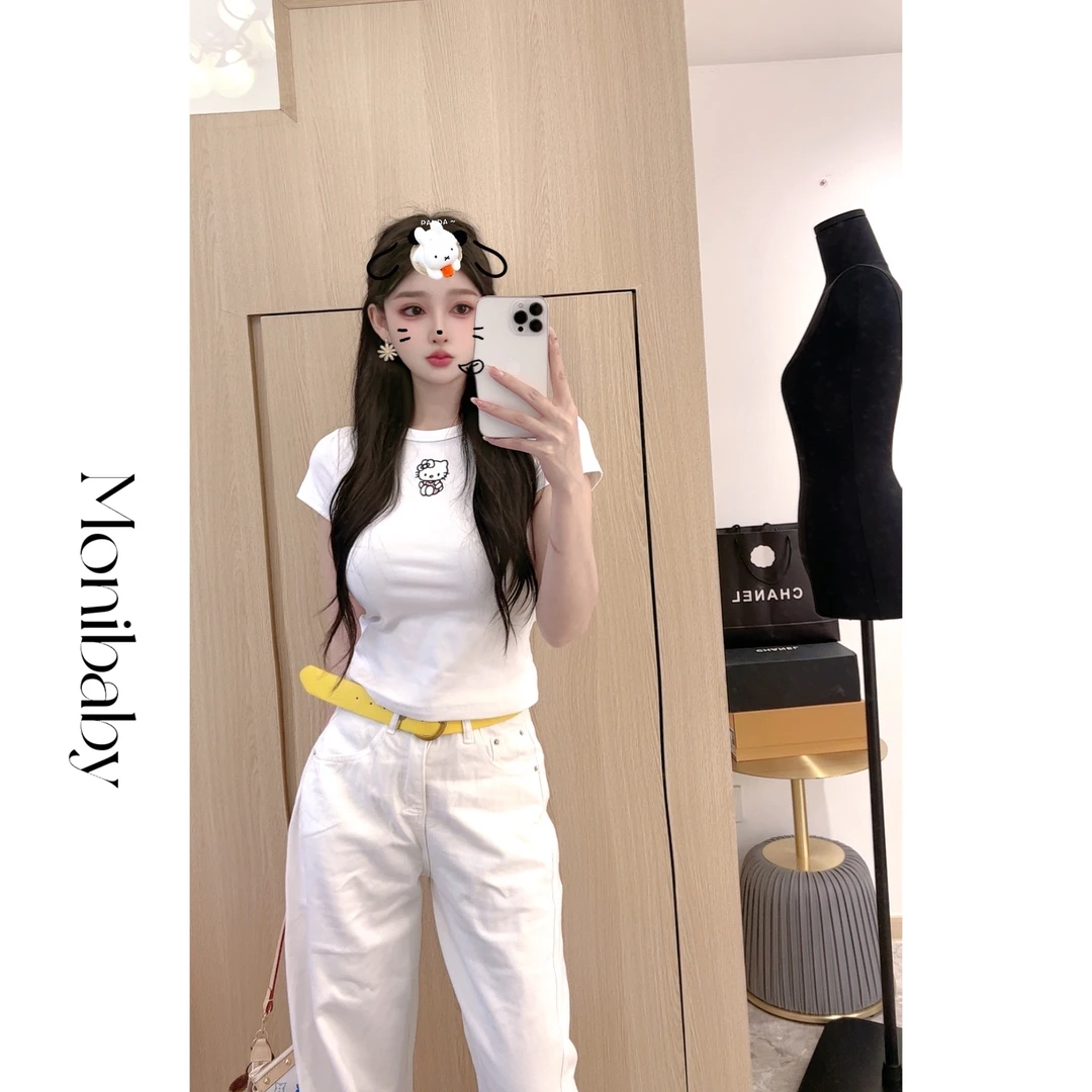 Moni【猫咪T】洋气纯欲修身显身材圆领简约棉短袖T恤