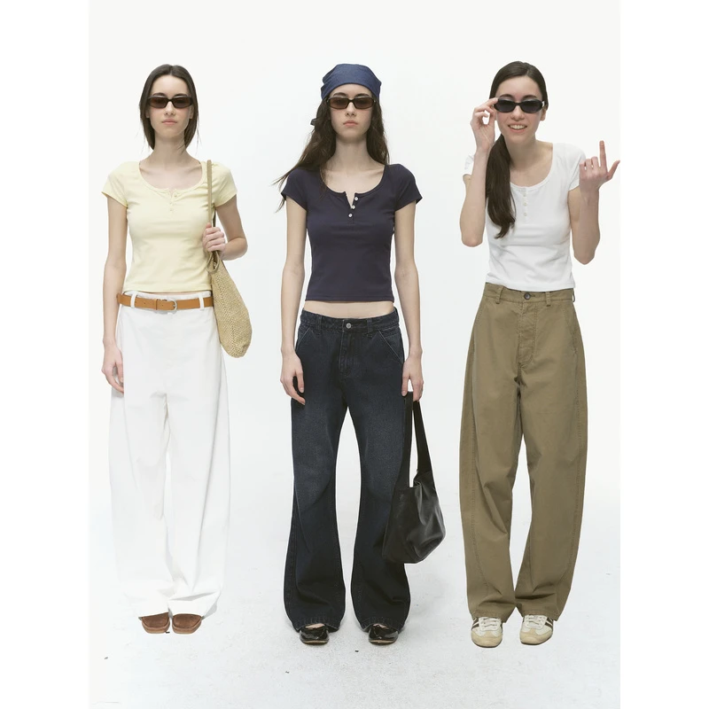 CountryMoment 亨利领美式正肩短袖T恤女夏短款修身显瘦辣妹体恤