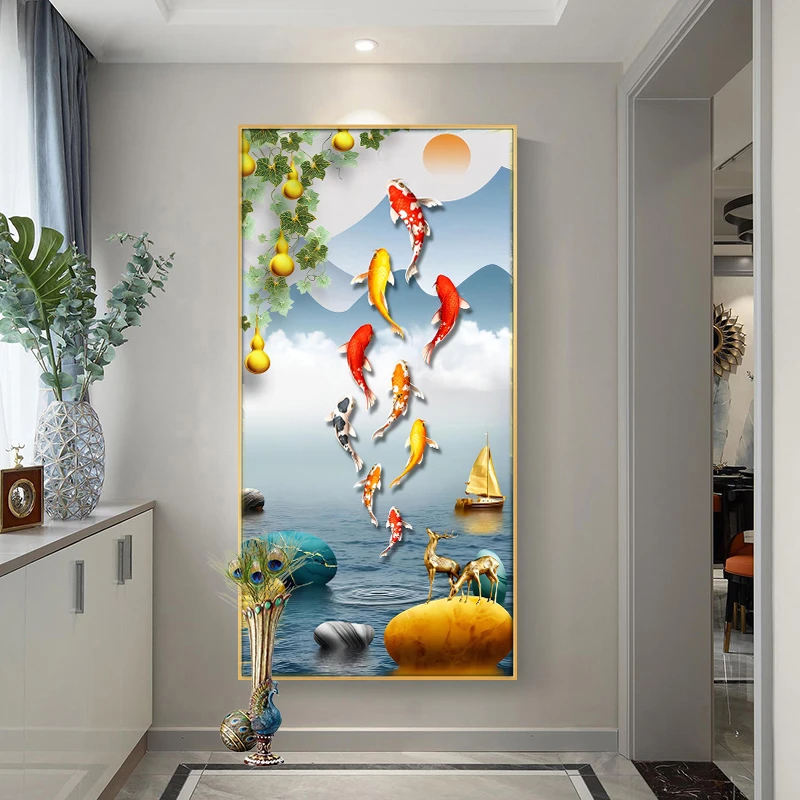 新款竖版玄关风景五福临门九鱼聚福满钻全贴魔方圆钻石画卧室客厅