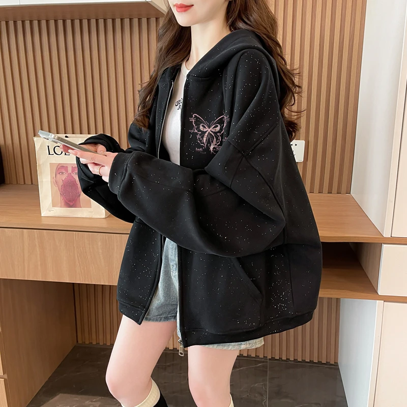 秋冬爆款oversize连帽开衫卫衣女韩版中长款宽松慵懒风加绒外套潮