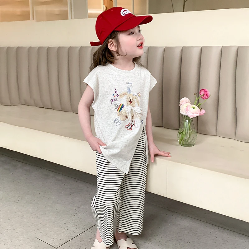儿童夏装女童短袖套装洋气女宝宝开叉t恤衫条纹阔腿裤两件套韩版