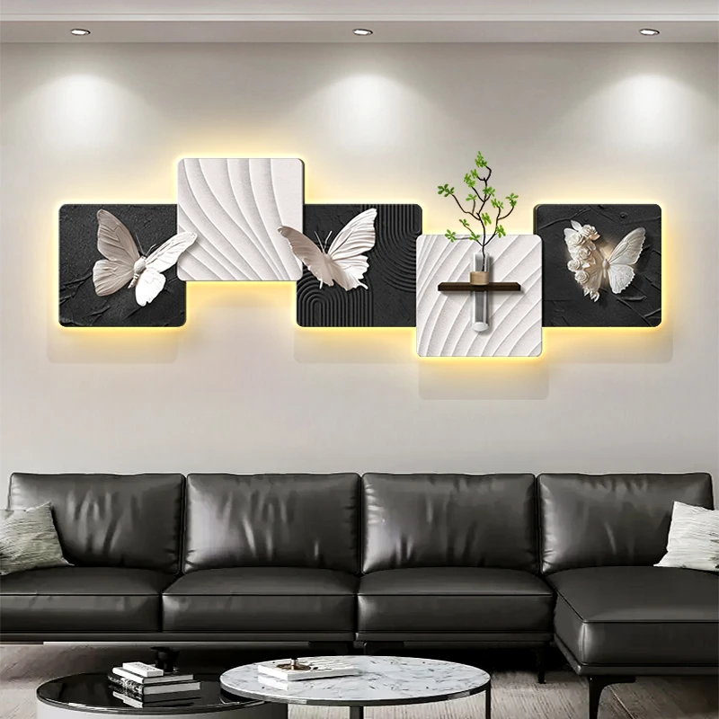 黑白蝴蝶立体砂岩水培绿植侘寂风客厅沙发背景墙装饰画高级感