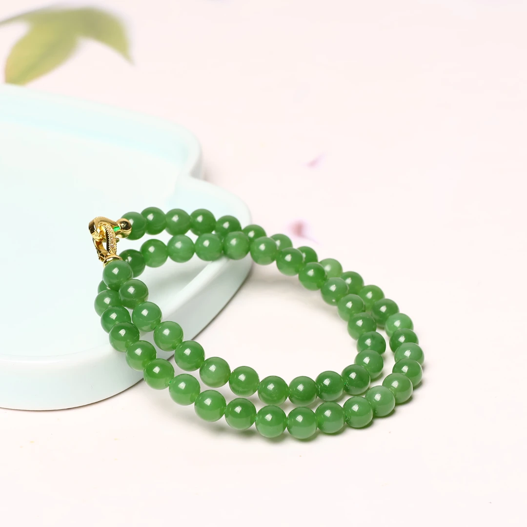 【小胖说玉】天然和田玉老坑料碧玉正阳绿卡8mm素圈时尚女士项链