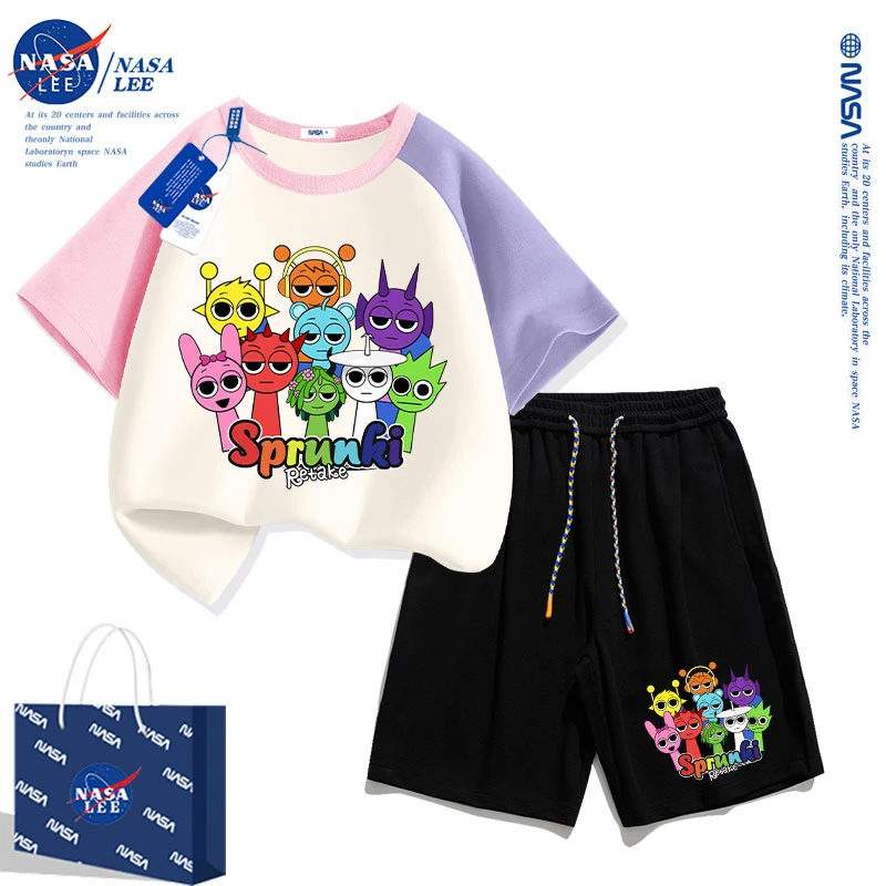NASA节奏盒子衣服男童夏季套装2025款儿童多巴胺穿搭上衣女童夏装