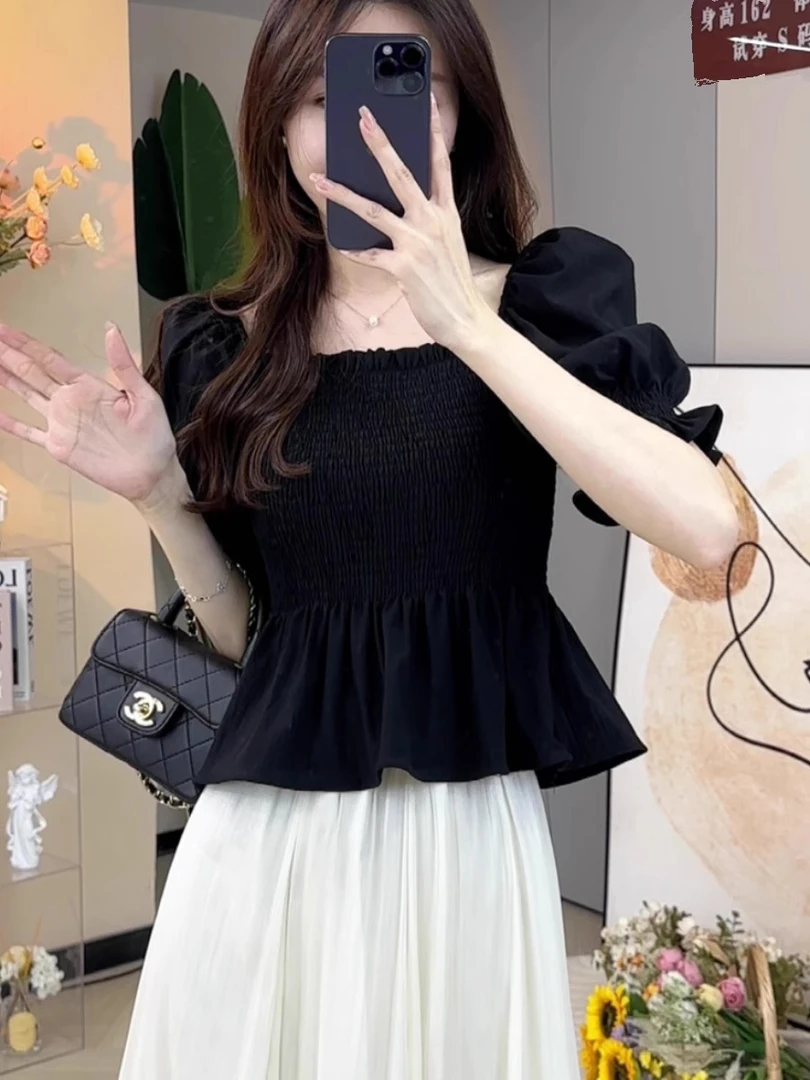 法式方领泡泡短袖雪纺衬衫女夏季2025新款洋气小衫时尚高级感上衣