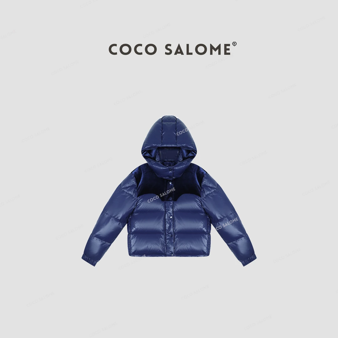 COCO SALOME⒁【蓝色宇宙】冬季三防丝绒拼接亮面小个子鹅绒服0848