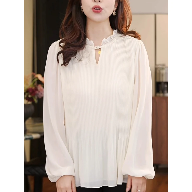 木耳边压褶圆领衬衫女装宽松秋季新款轻奢设计感显瘦长袖小衫上衣