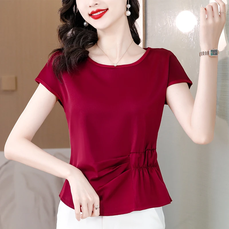 时尚短袖醋酸缎面衬衫女士装夏季新款气质收腰小衫洋气小个子上衣