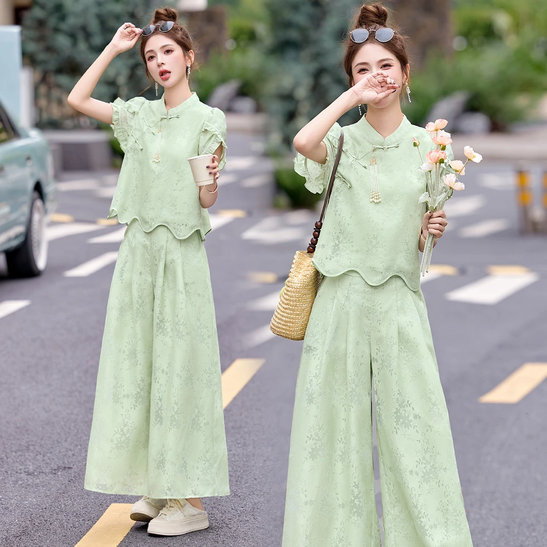 新中式国风套装女夏季新款大方得体一整套提花上衣阔腿裙裤两件套
