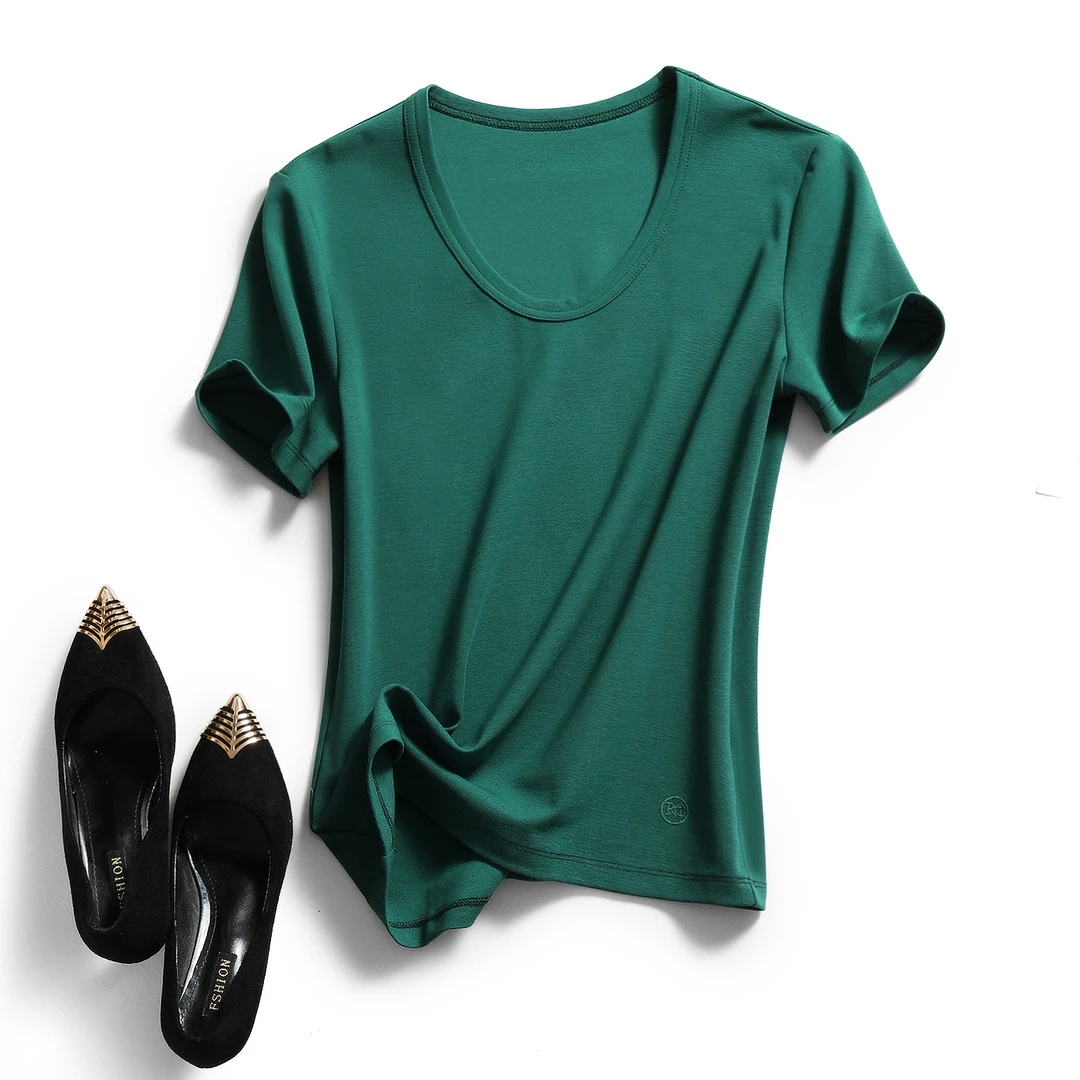 巨显瘦天鹅颈显气质春夏U领短袖T恤女修身高品质氨棉弹性短袖上衣