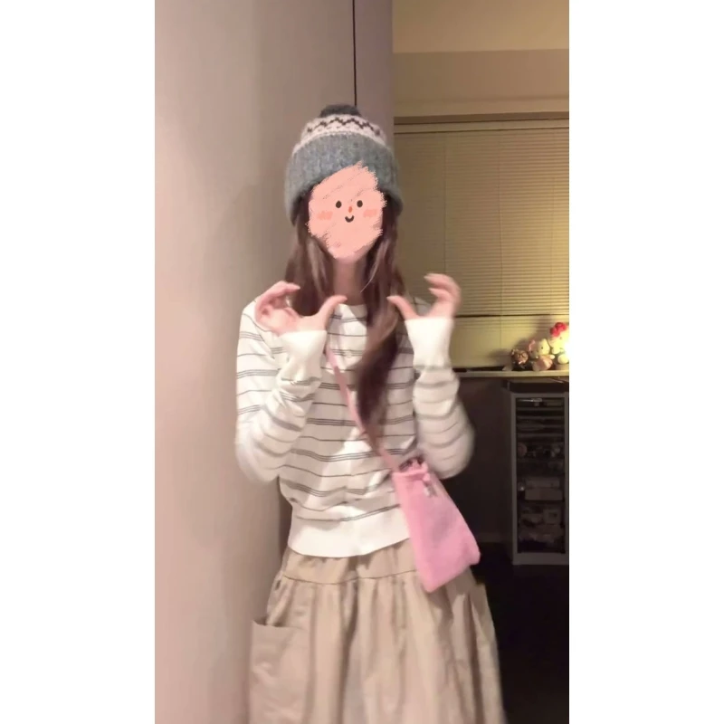 韩版撞色条纹长袖针织衫女2025秋冬新款时尚气质修身显瘦外搭上衣