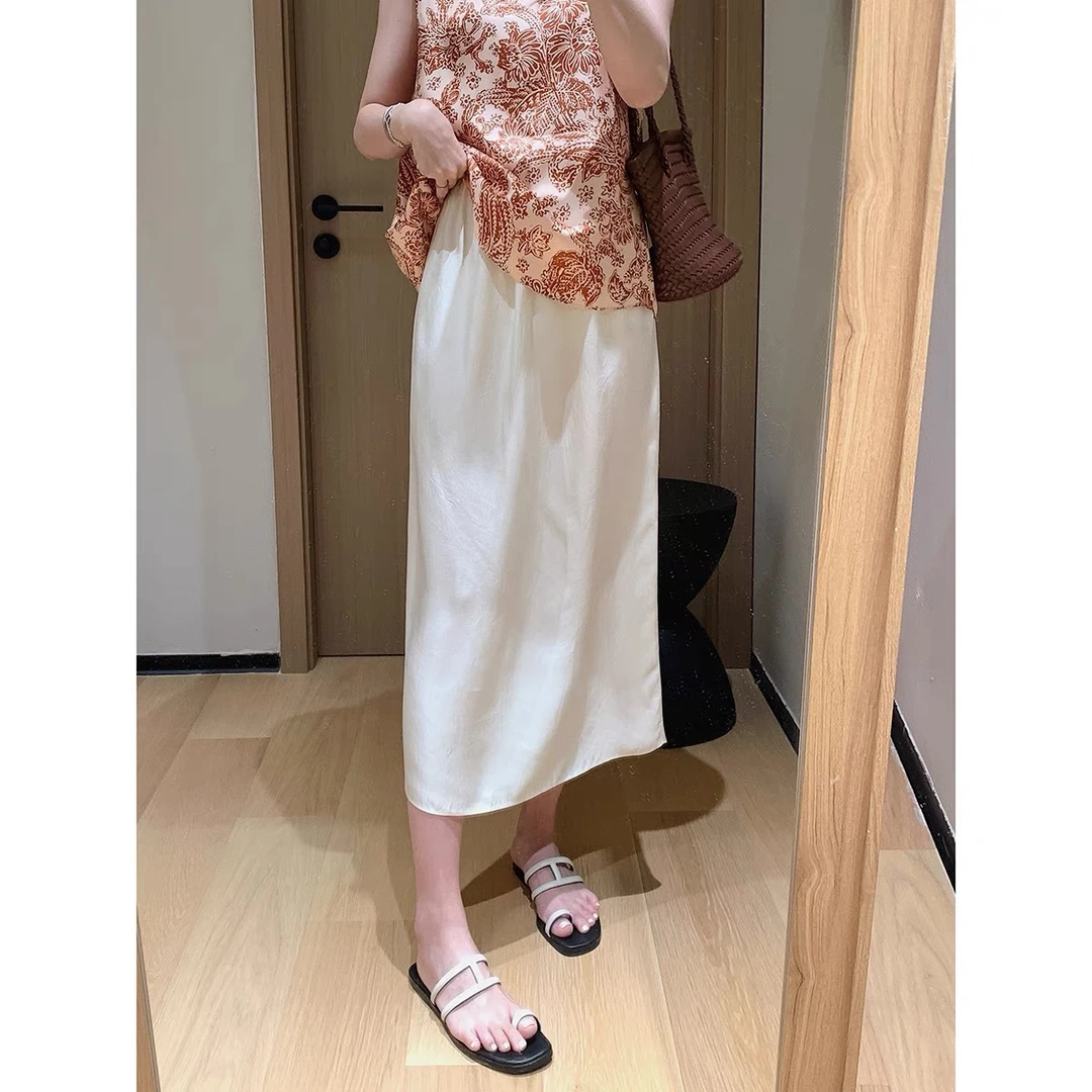 新中式国风醋酸重锻丝滑夏季开叉设计感小众高腰半身裙