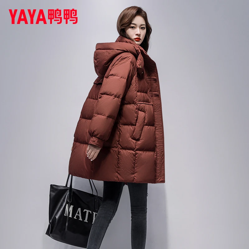 YAYA/鸭鸭羽绒服中长款女冬季新款时尚韩版气质感保暖连帽外套潮