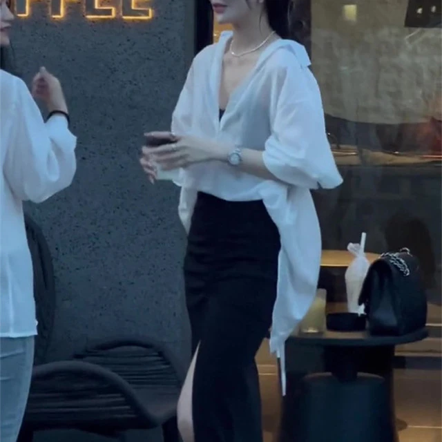 夏季纯色防晒长袖衬衫女后背绑带开衫上衣褶皱高开叉半身裙两件套