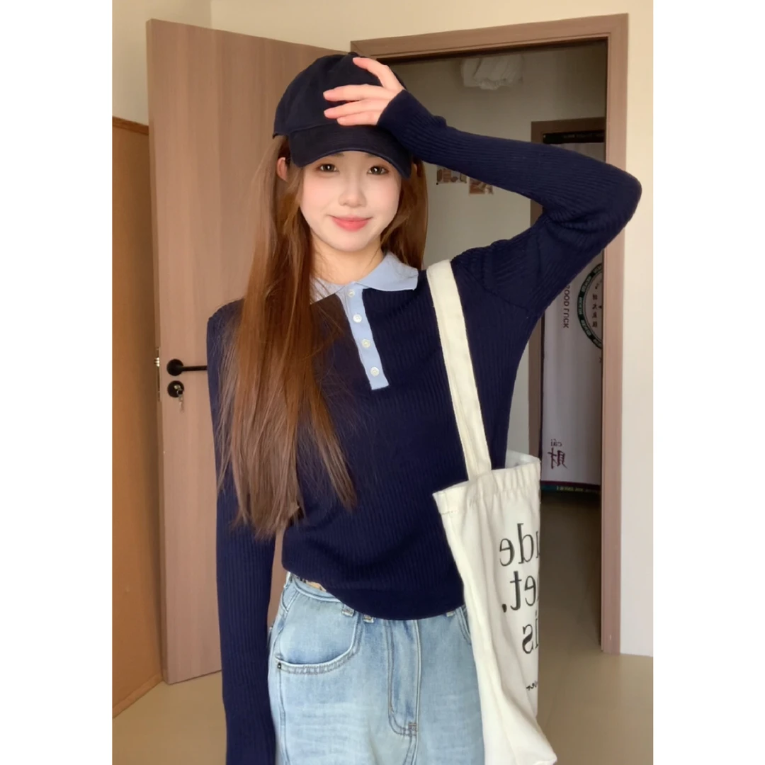 KUMAYES学院风撞色翻领修身打底针织衫女休闲显瘦套头内搭上衣