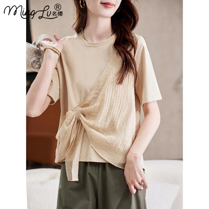 高级感圆领纱布拼接短袖T恤2025夏季设计感洋气减龄百搭休闲女装