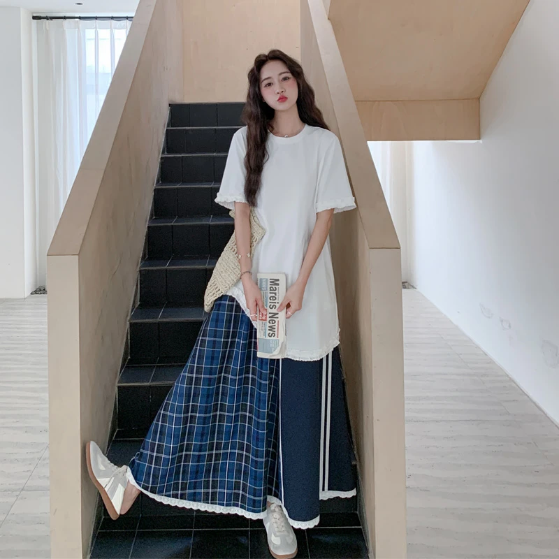 韩系氛围感套装裙女2025夏季新款松弛感穿搭白T不规则格子半身裙
