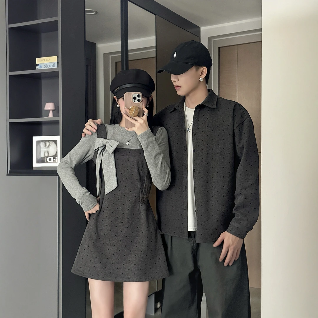 法式情侣装一裙一衣2025新款秋季设计感波点假两件复古百搭长袖潮