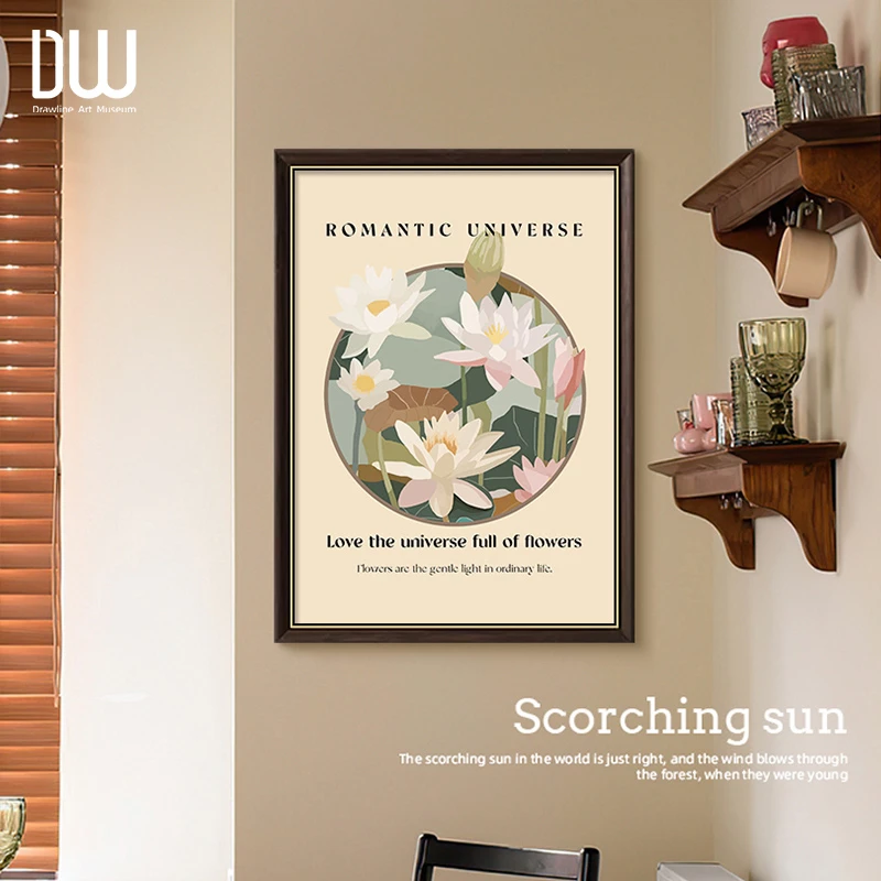 法式复古客厅装饰画新中式花卉艺术过道挂画中古风餐厅卧室画荷花