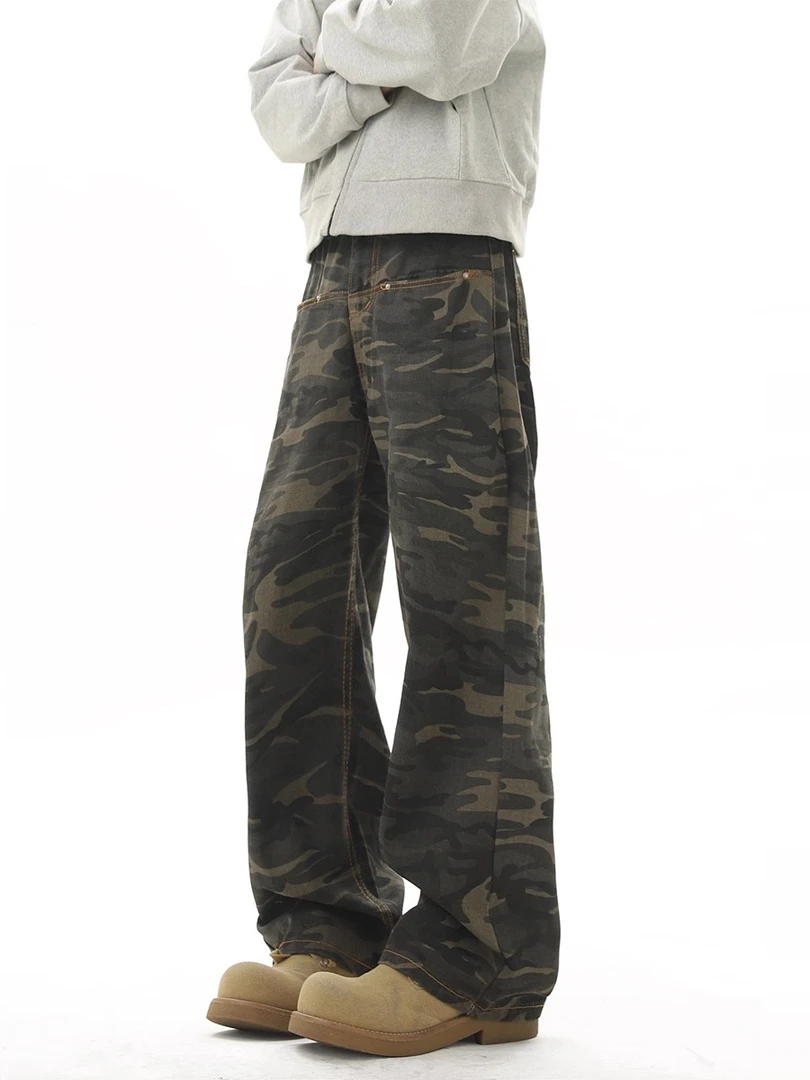 牛仔裤男款秋冬季潮流宽松迷彩工装裤美式加绒休闲长裤美式直筒裤