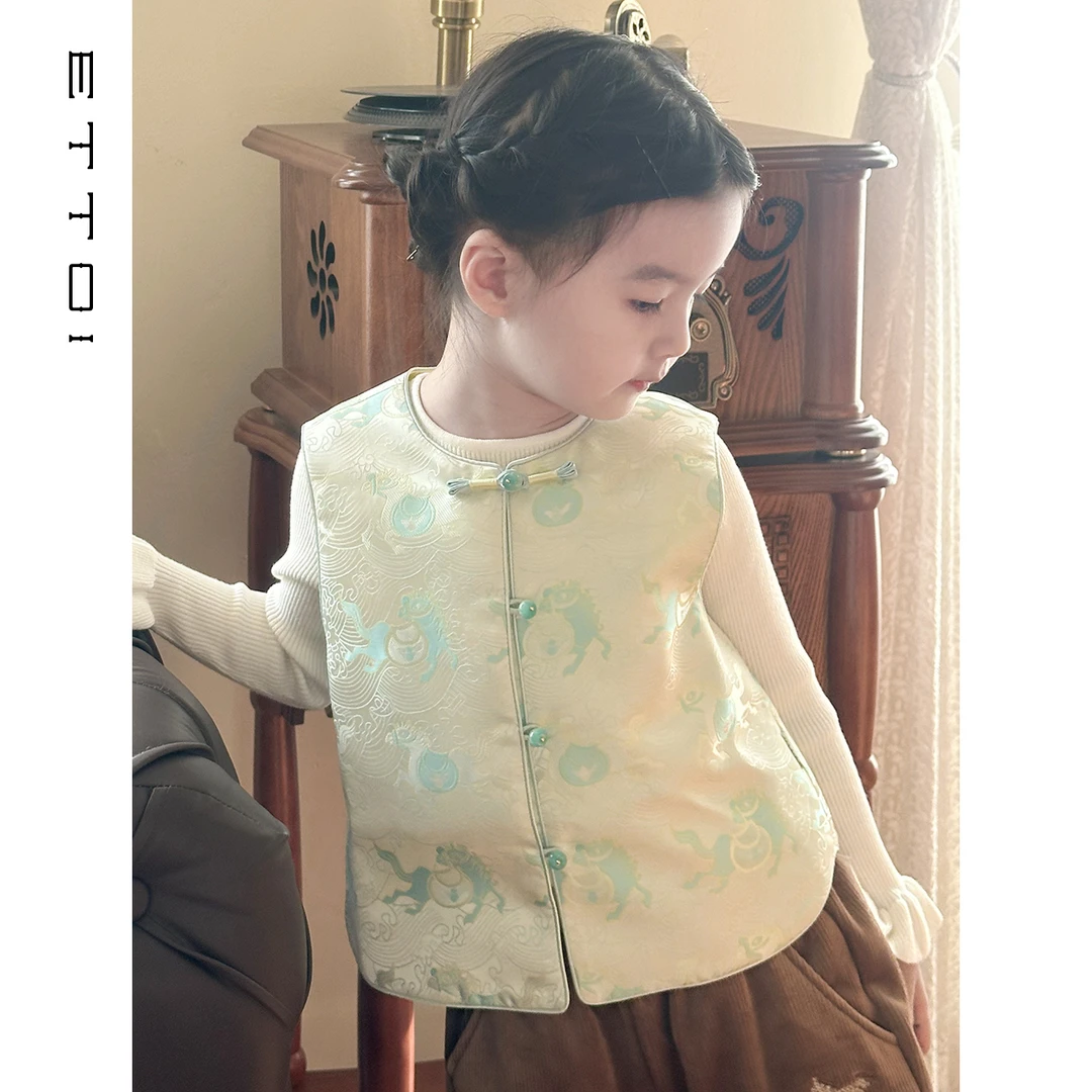 ETTOI爱多娃新中式国风水绿色提花无袖外穿儿童马甲