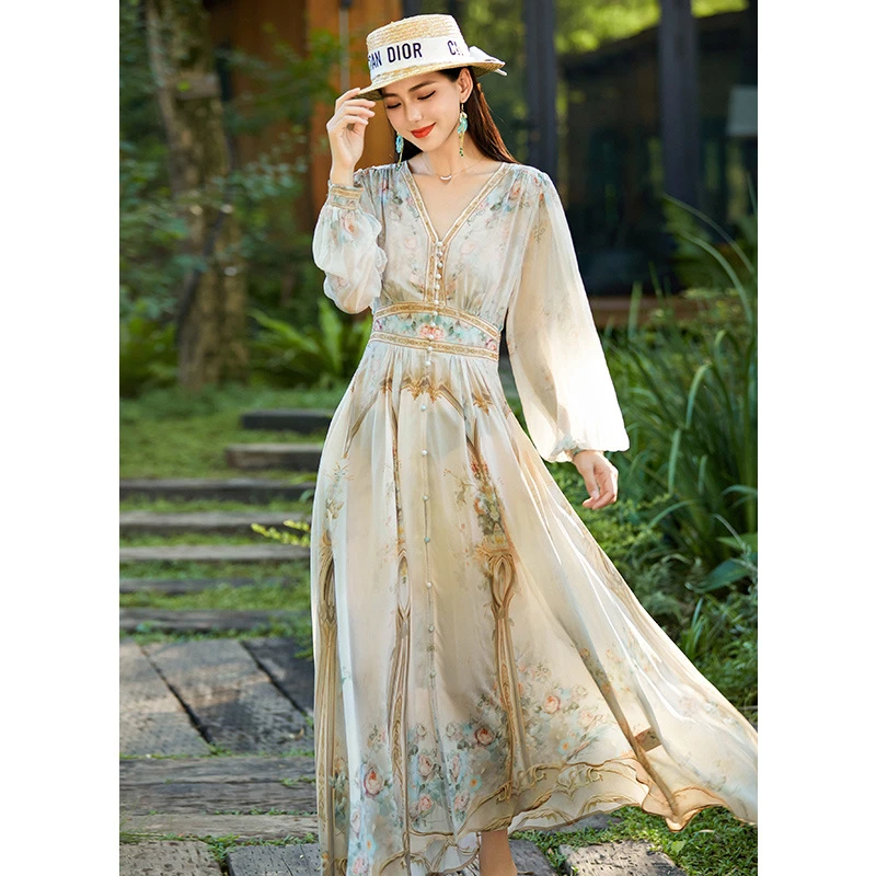 掌柜强推高雅奢华桑蚕丝定位印染真丝长袖显瘦V领长款连衣裙25年