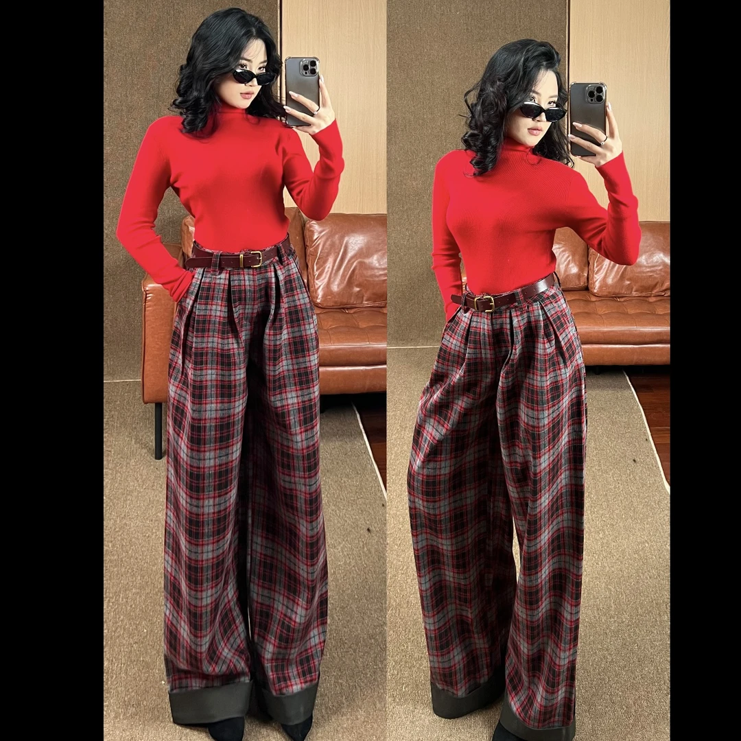 Rayhon冬季加绒加厚格子高腰垂感直筒休闲百搭西装阔腿拖地长裤女