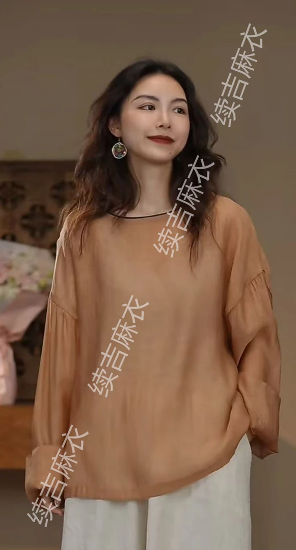 夏-续吉麻衣25-1006【舒棠】圆领长袖复古百搭宽松文艺设计感T恤