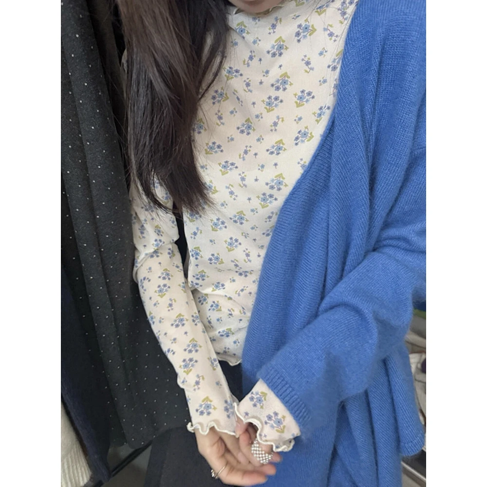 韩系碎花网纱长袖打底衫2025秋季新款叠穿蕾丝木耳边休闲T恤女装