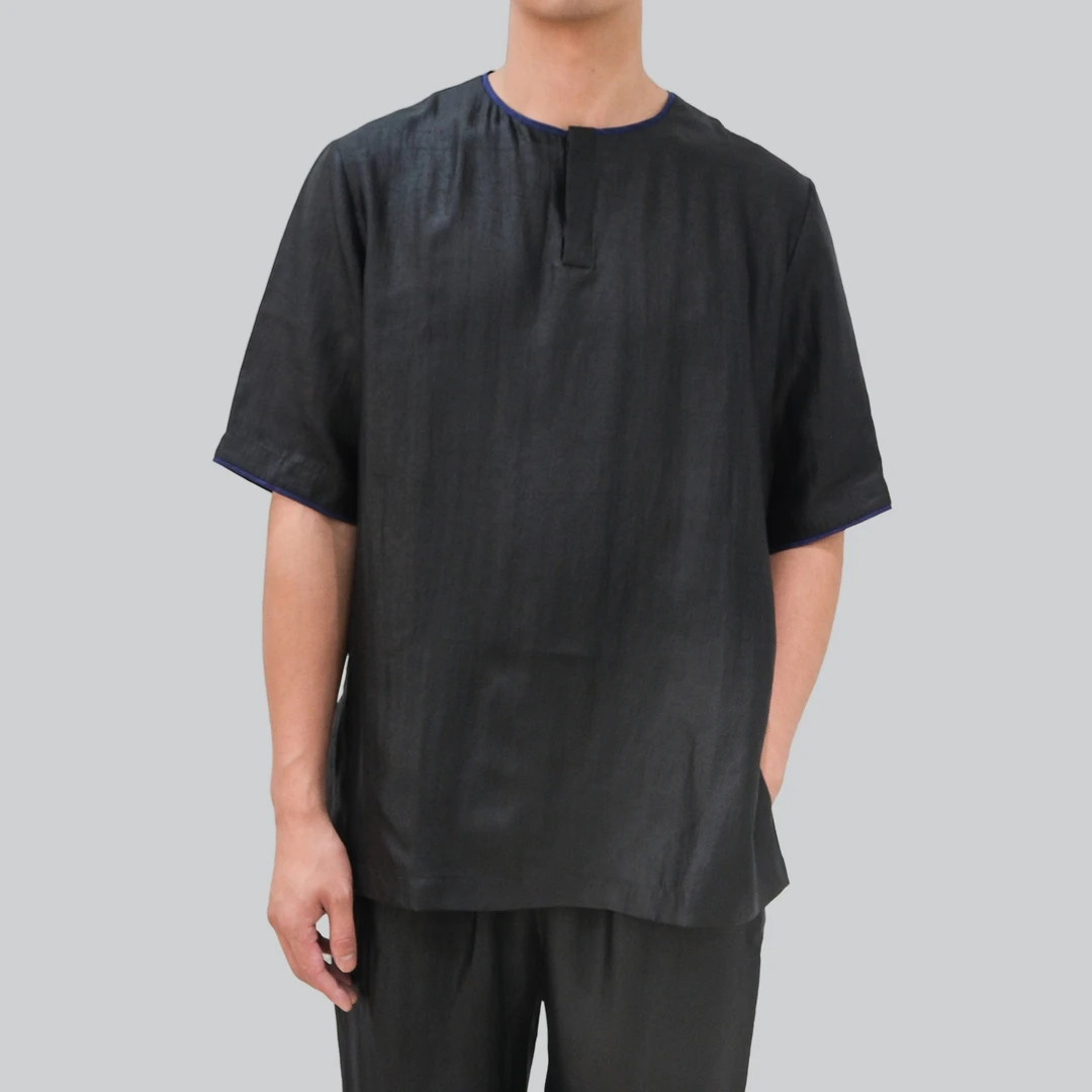 香云故里·蓝素平缎香云纱男士套头衬衫XA23A-15A229