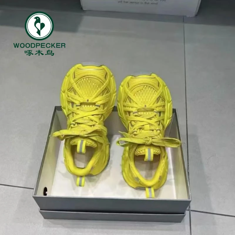 啄木鸟黄色巴黎绑带厚底老爹鞋2025夏新款网面透气时尚运动休闲女