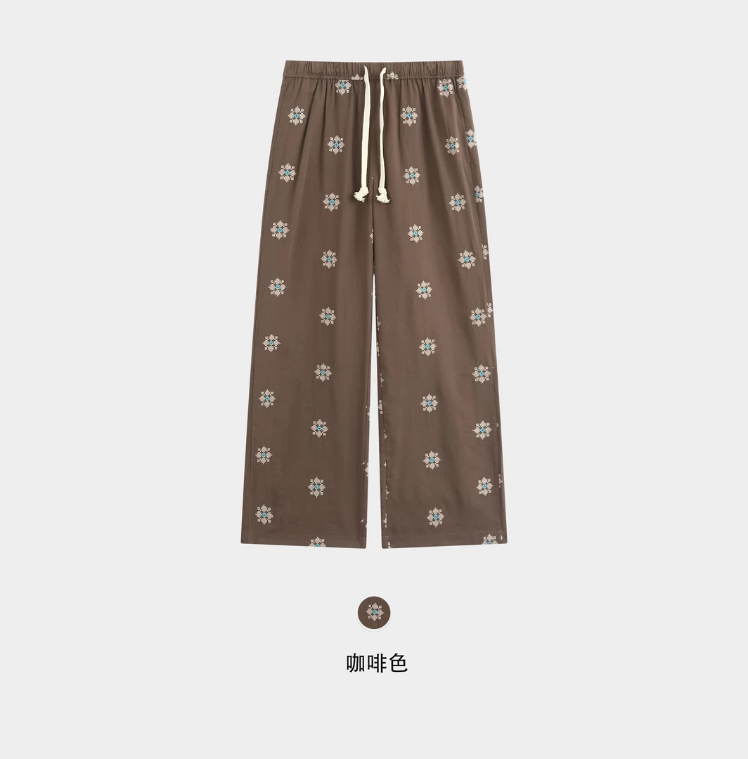 TongTwenty2025新款时尚绣花九分裤咖色休闲长裤夏季简约女裤8052