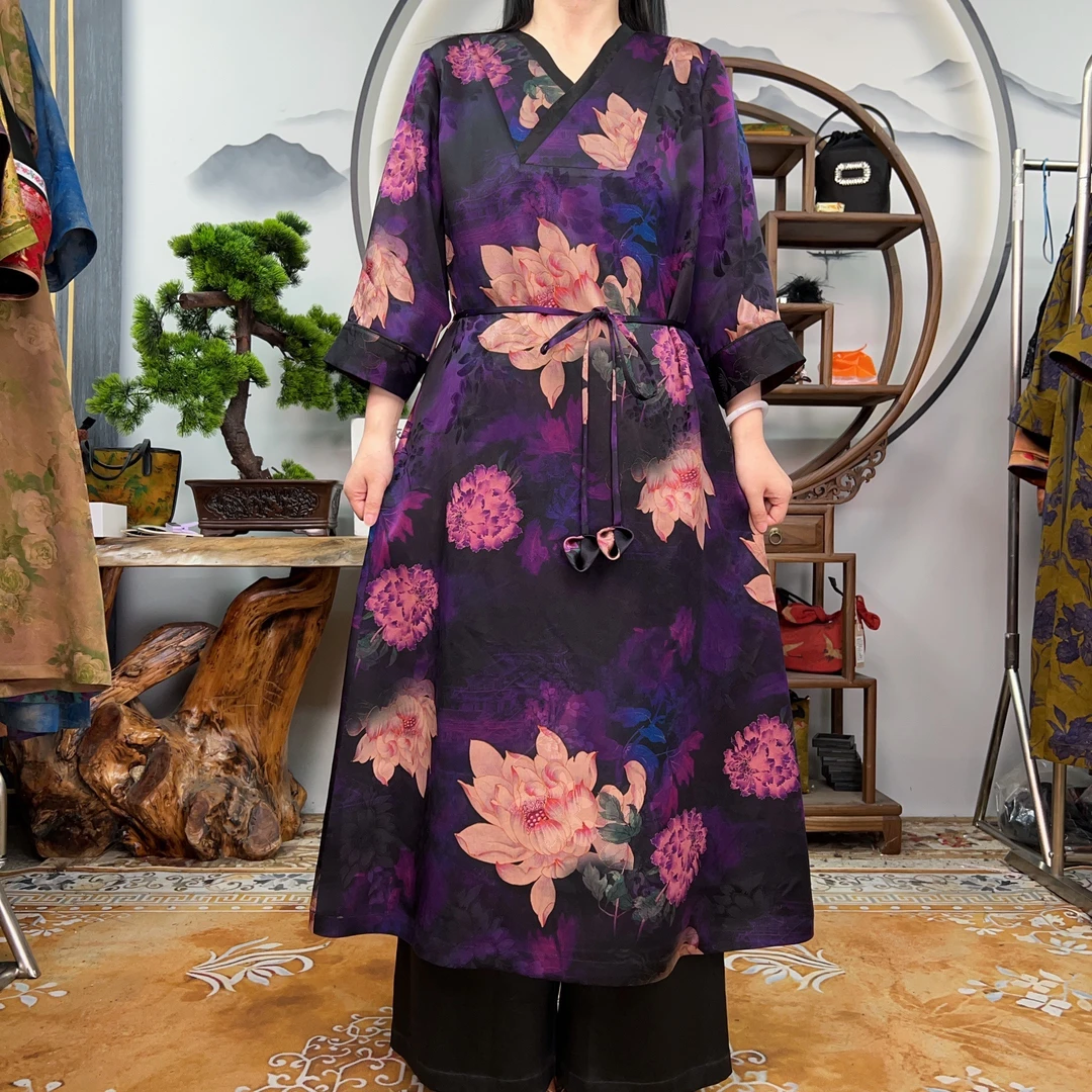 40姆米紫底荷塘月色连衣裙100桑蚕丝款