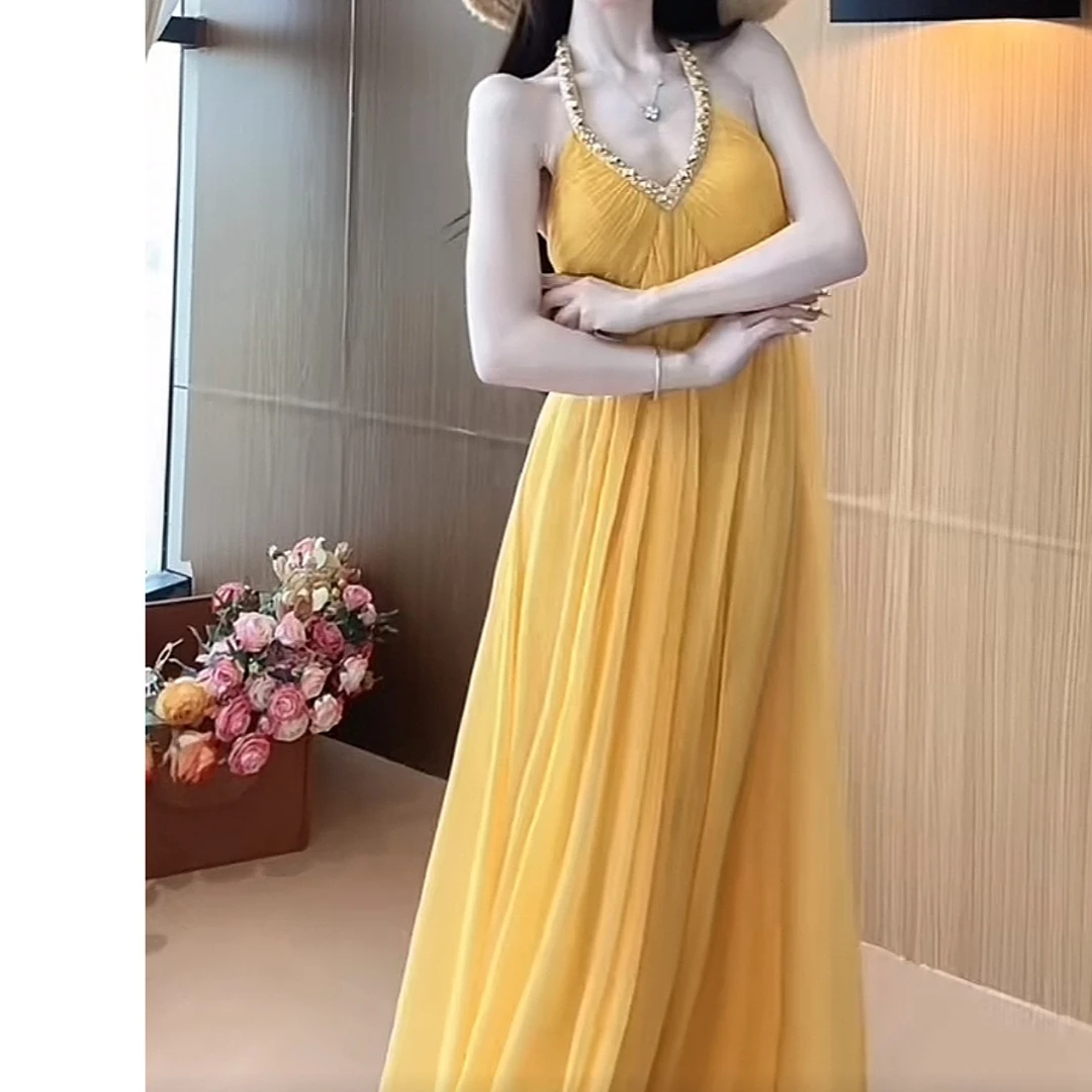 【全网爆款】夏季新款时尚气质法式挂脖绑带减龄连衣裙长裙（自带