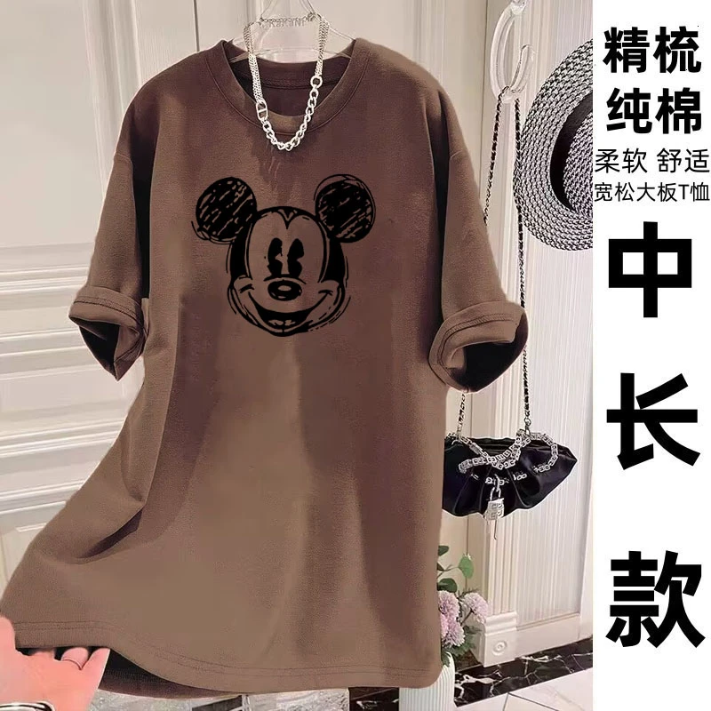 2025夏新款纯棉中长款短袖t恤女时尚印花宽松休闲上衣搭配鲨鱼裤